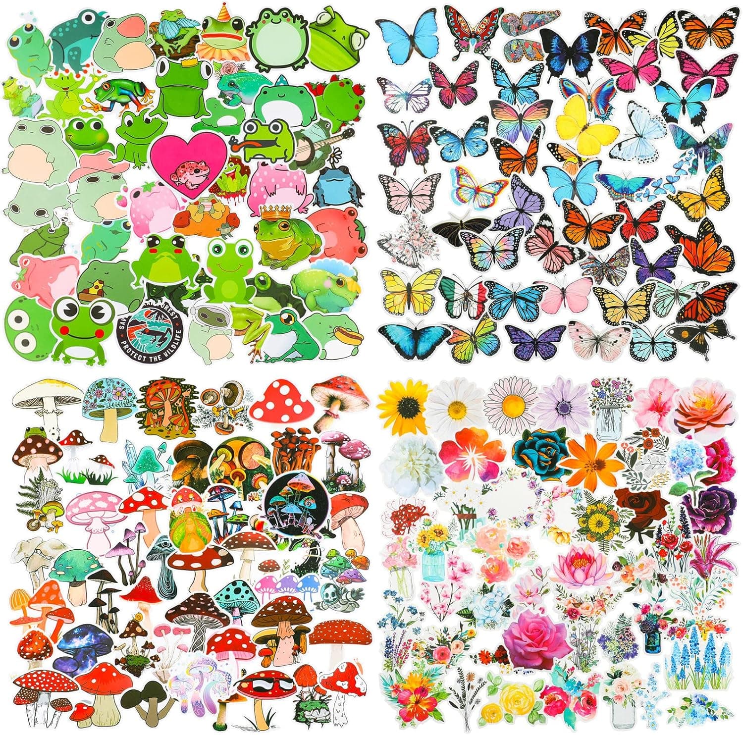 200 Pieces Mushroom Flower Frog Butterfly Vinyl Waterproof Stickers for Kids and Teens Cute Cartoon Stickers for Water Bottles, Computer, Luggage, Guitar, Present (Cute Style)