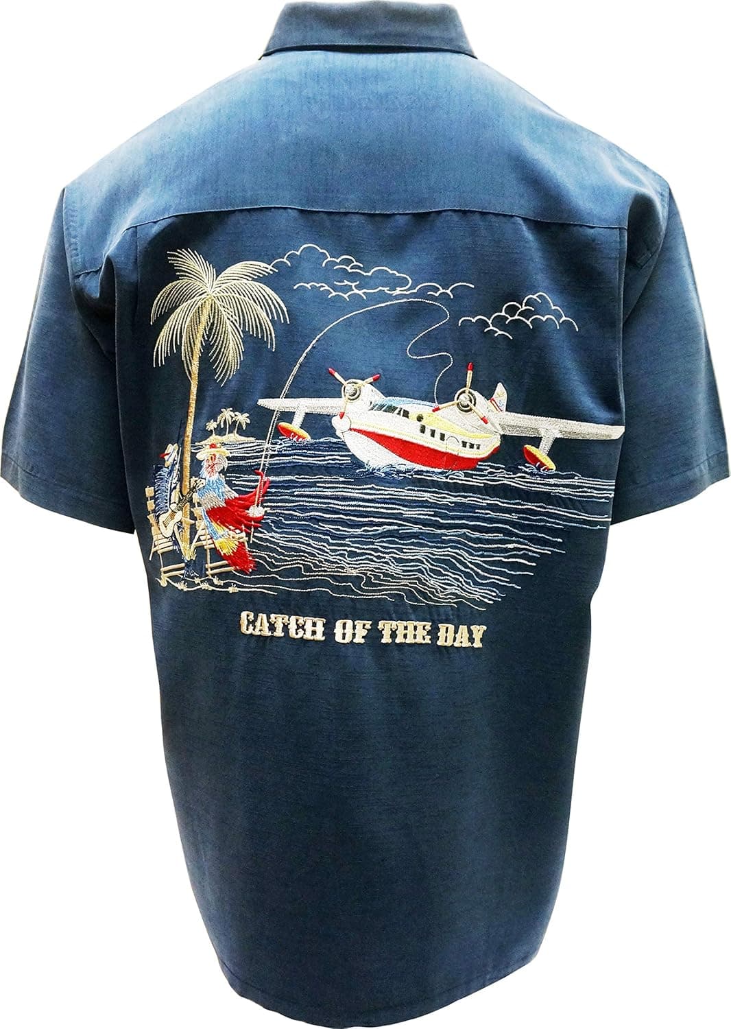 Bamboo Cay Mens Short Sleeve Catch of The Day Casual Embroidered Woven Shirt