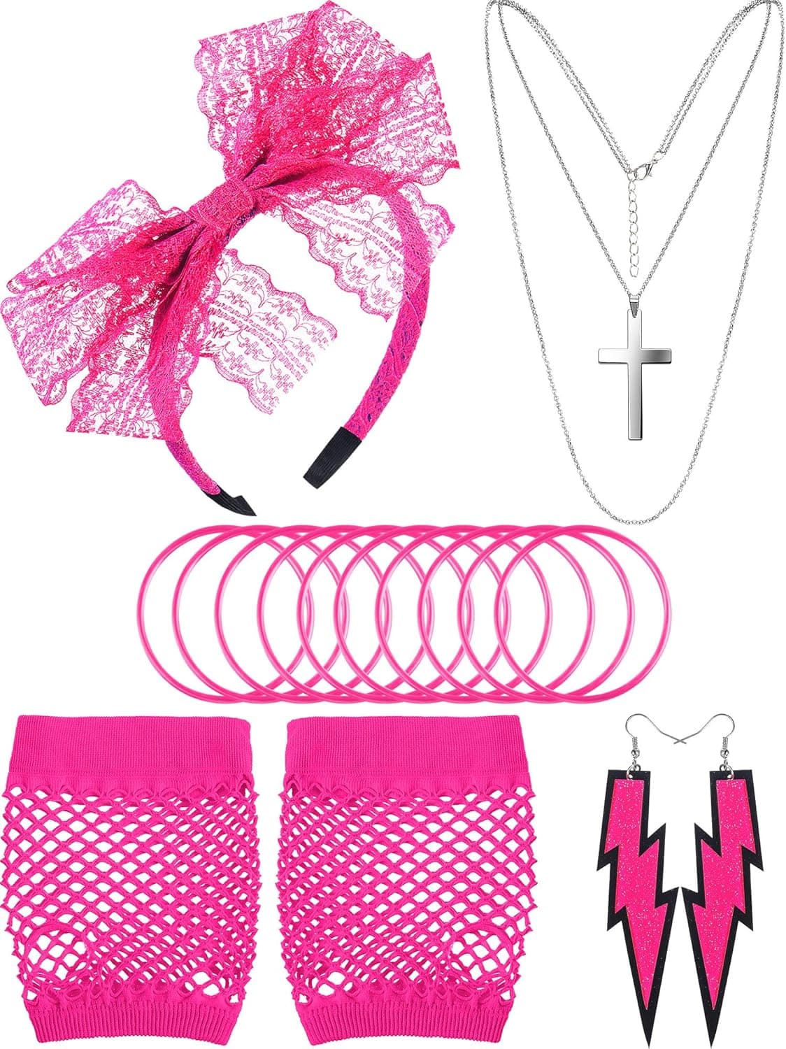 80s Costume Accessories, Fishnet Gloves Lace Headband Earrings Necklace Bracelet (Rose Red)