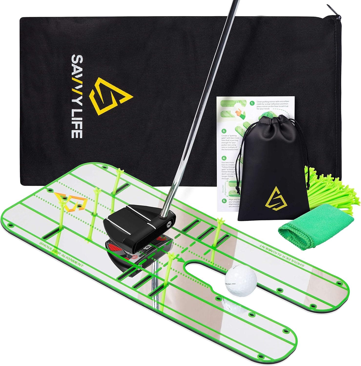 Savvy Life Golf Swing Training Aids—Putting Mirror with Adjustable Points for Improving Skills and Alignment—Compact Training Tool for Golf Players—Golf Practice Kit for Putters—40 tees Includes