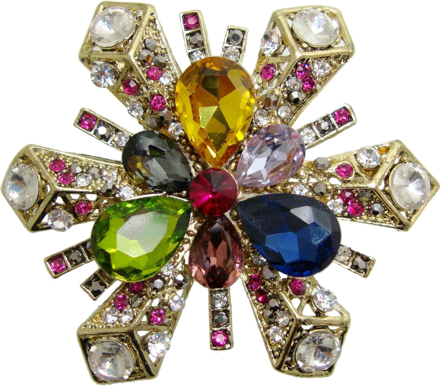 TTjewelry Gold-Tone Classic Snowflake Flower Pendant Brooch Colorful Austria Crystal