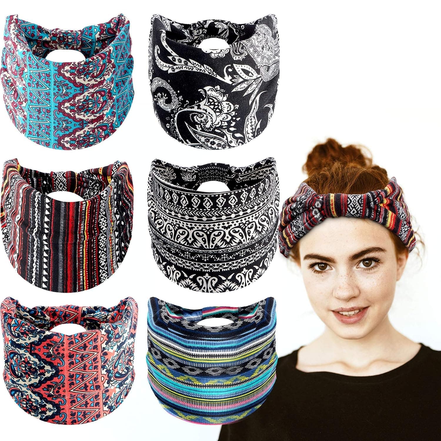 6 Pieces Boho Stretchy Headbands Twist Head Wraps Wide Hair Bands Elastic Yoga Sweatband Knotted Turban Headband Retro Head Bands for Women and Girls, 6 Styles