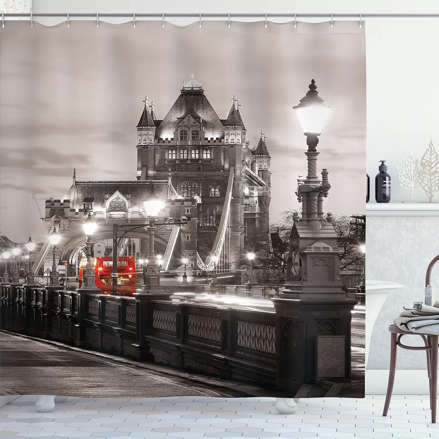 Ambesonne Black and White Shower Curtain, London Theme Tower Bridge in The Famous City Urban Life Scenery Europe, Cloth Fabric Bathroom Decor Set with Hooks, 69" W x 84" L, Taupe Grey Red