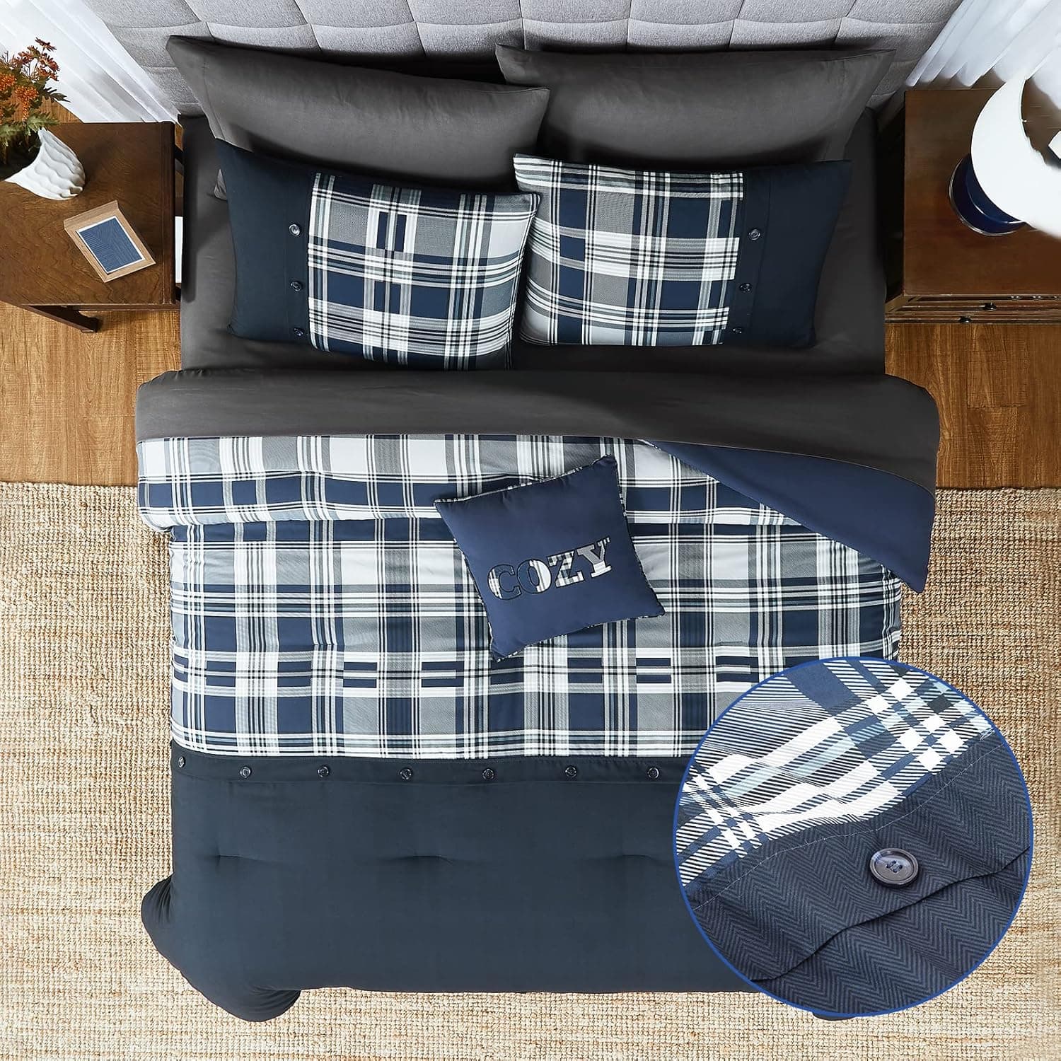WRENSONGE Plaid Twin Comforter Set, 6 Pieces Blue Printed and Spliced Plaid Herringbone Bedding Set, Microfiber Soft Farmhouse Comforter Set with Decor Pillow, Lightweight Breathable for All Seasons