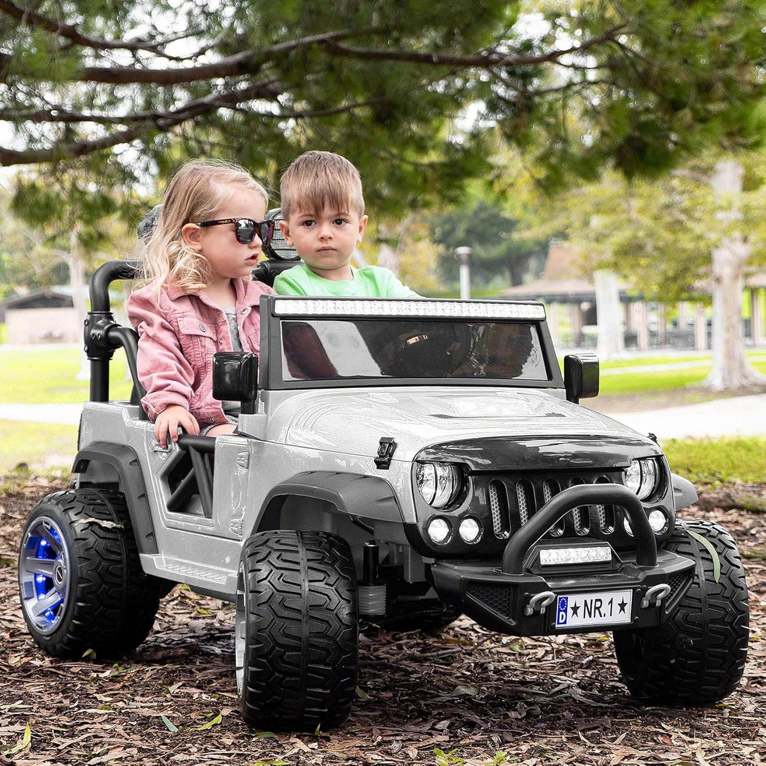 Trail Explorer 12V Power Children Ride-On Car Truck with R/C Parental Remote + EVA Foam Rubber LED Wheels + Leather Seat + MP3 Music Player with Wireless Streaming and FM Radio + LED Lights (White)