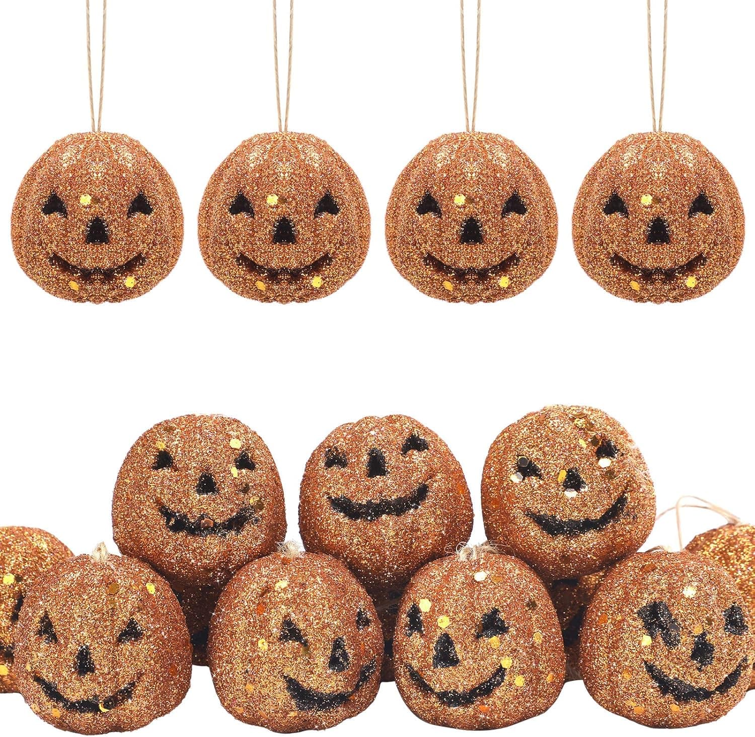 30 Pieces Mini Foam Pumpkin Hanging Ornaments Glitter Mini Artificial Pumpkins Funny Miniature Pumpkins for Crafts Face Glitter Pumpkin Decorations Gold Mini Craft Pumpkins for Party Tree Decor