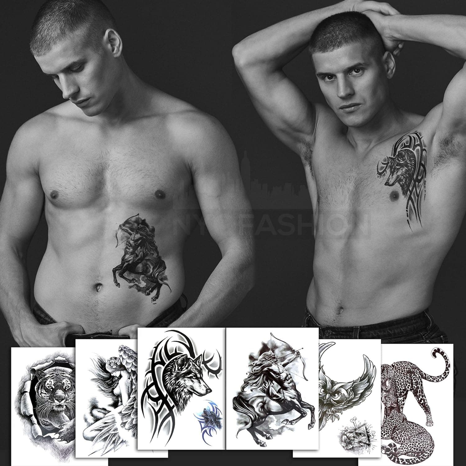 6 Cool Black Large Temporary Tattoos (+2 Small Tattoos) - Owl, Tiger, Cheetah, Wolf, Centaur, Woman Angel - Tattoos for Arms Legs Shoulder or Back