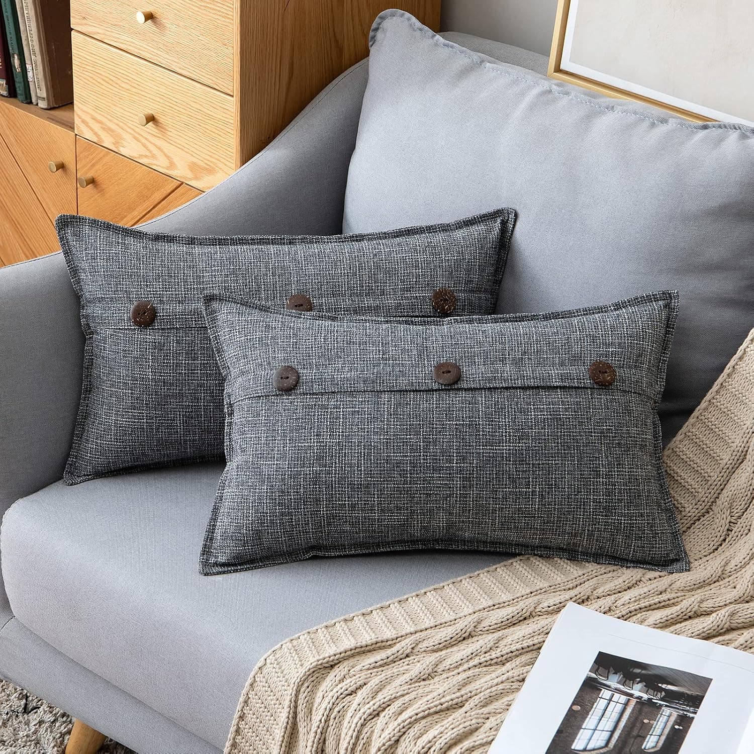 MIULEE Pack of 2 Farmhouse Linen Throw Pillow Covers Decorative Triple Button Rectangle Pillowcases Trimmed Edge Burlap Cushion Cases for Couch Sofa Living Room Home Decor 12x20 Inch Dark Grey