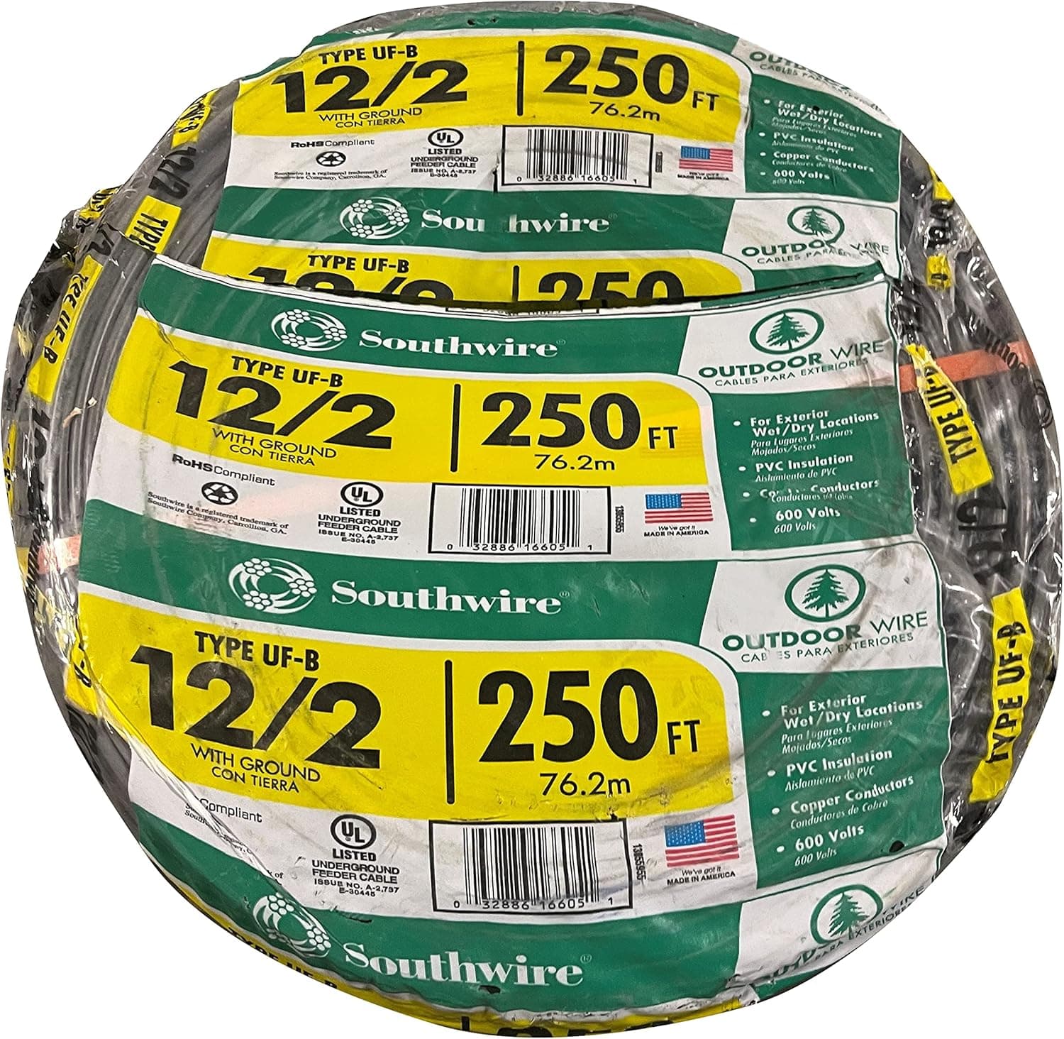 Southwire 13055955 250' 12-2 UFW/G Wire, Gray, 250 Feet