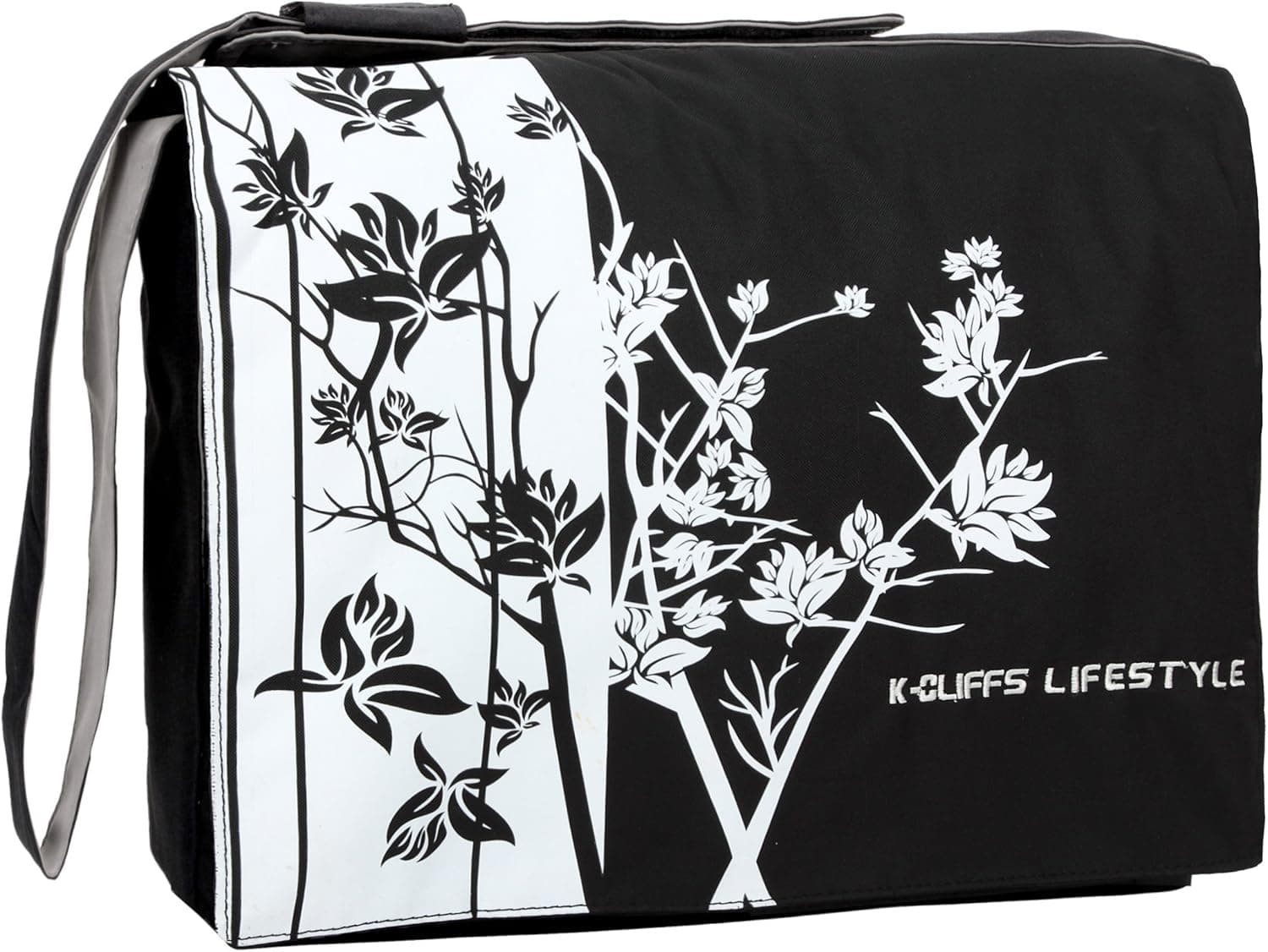 15.4 inch Classic Black and White Sparse Floral Laptop Notebook Padded Compartment Shoulder Messenger Bag Computer Carrying Case for MacBook Pro Sony Samsung Acer Toshiba
