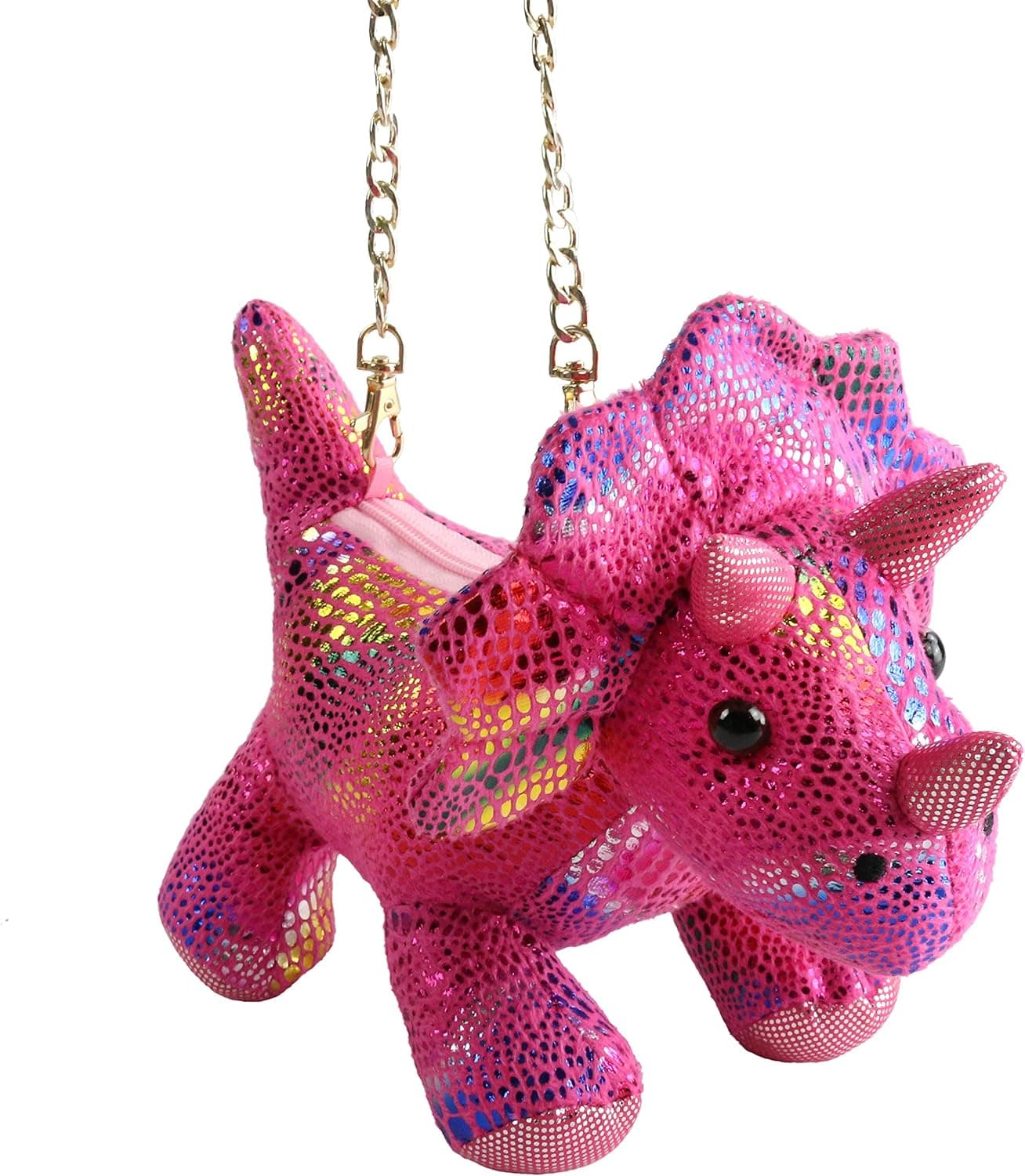 Houswbaby Stuffed Triceratops Girl Shoulder Messenger Bag for Kindergarten Kids Handbags Chain Strap Shiny Crossbody Bag Coin Purse Gift for Toddlers, Pink, 11''