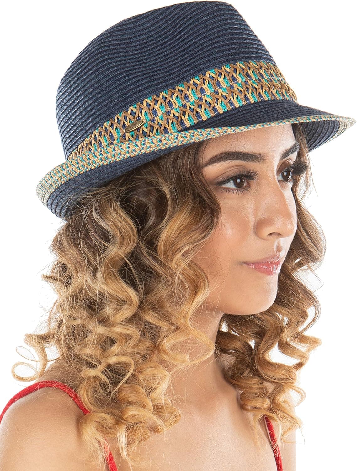 Funky Junque UPF50+ Womens Adjustable Multicolor Woven Pattern Short Brim Fedora Hat