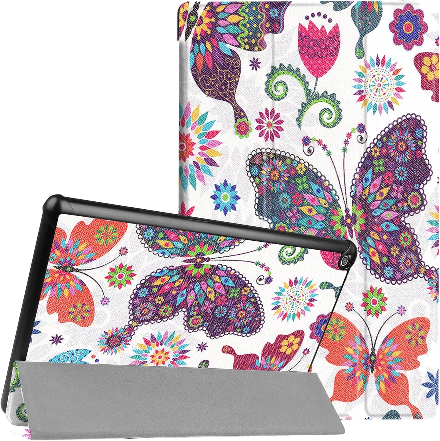 Trifold Stand Case for All-New Amazon Fire HD 10 (7th Generation, 2017 Release) - AMOTIE Ultra Thin Leather Wallet Cover with Auto Wake/Sleep for Fire HD 10.1 Inch Tablet, Colorful Butterfly