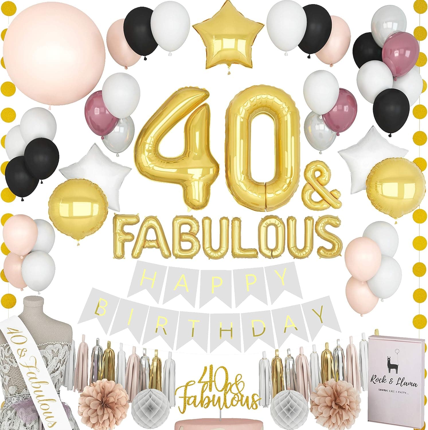 TRULY FABULOUS 40th Birthday Decorations + (40 SASH) + (FABULOUS Letter Balloons) + (Cake Topper) | Gold Black Burgundy Her Forty Year Bday Party Supplies for Women| (71+ Items)