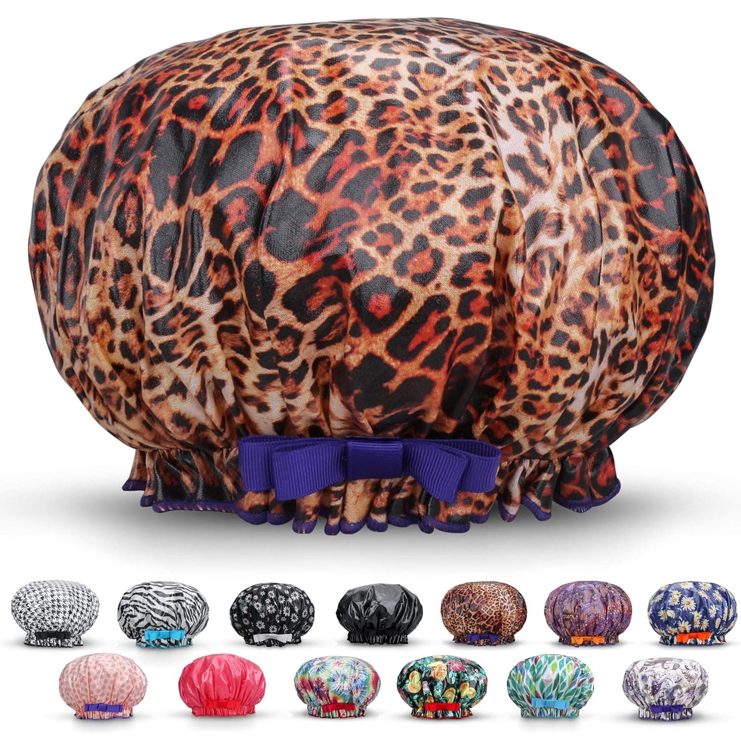 Reusable Women Shower Caps Waterproof Print Bath Caps Hat Long Hair Perfect for Women (Dark Leopard)