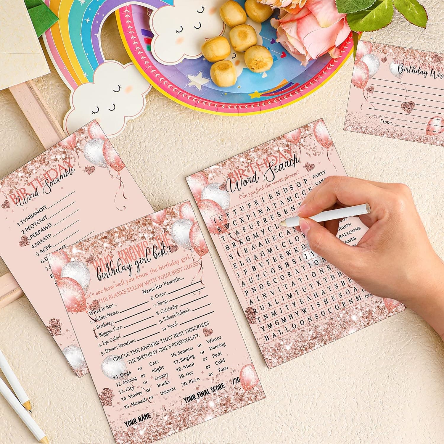 Fumete Birthday Party Games 100 Pcs Who Knows the Birthday Girl Game with 20 Pencils Girly Birthday Cards Set for Child Teen Adults Sweet Sleepover Party Supplies for Girls, 4 Activities (Balloon)