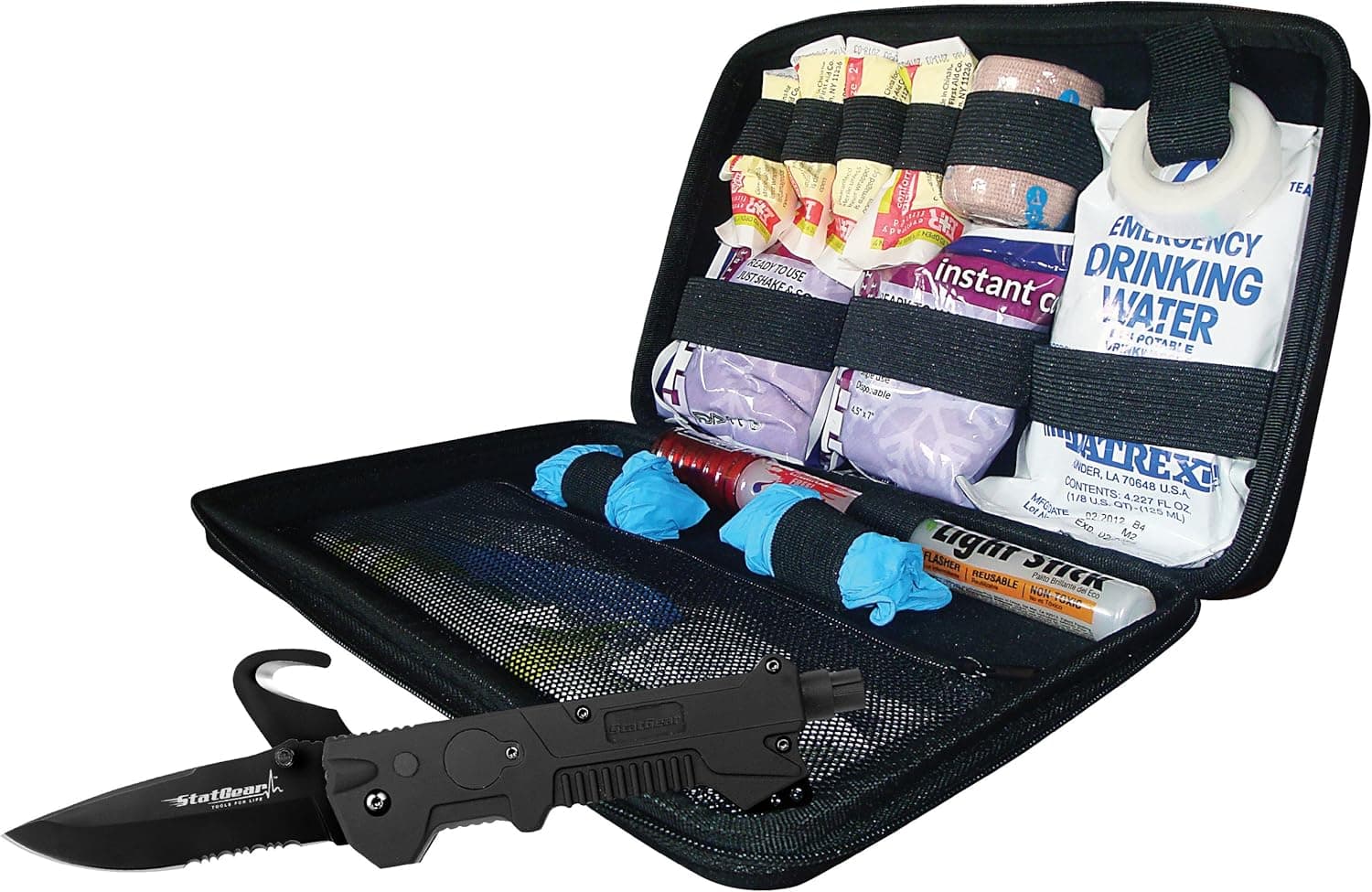 StatGear Auto Survival Kit T3Tactical Rescue Tool w/Seatbelt Cutter, Window Punch and LED Light - Heavy-Duty EVA Black Foam Case - Includes Full Set of First-Aid Kits