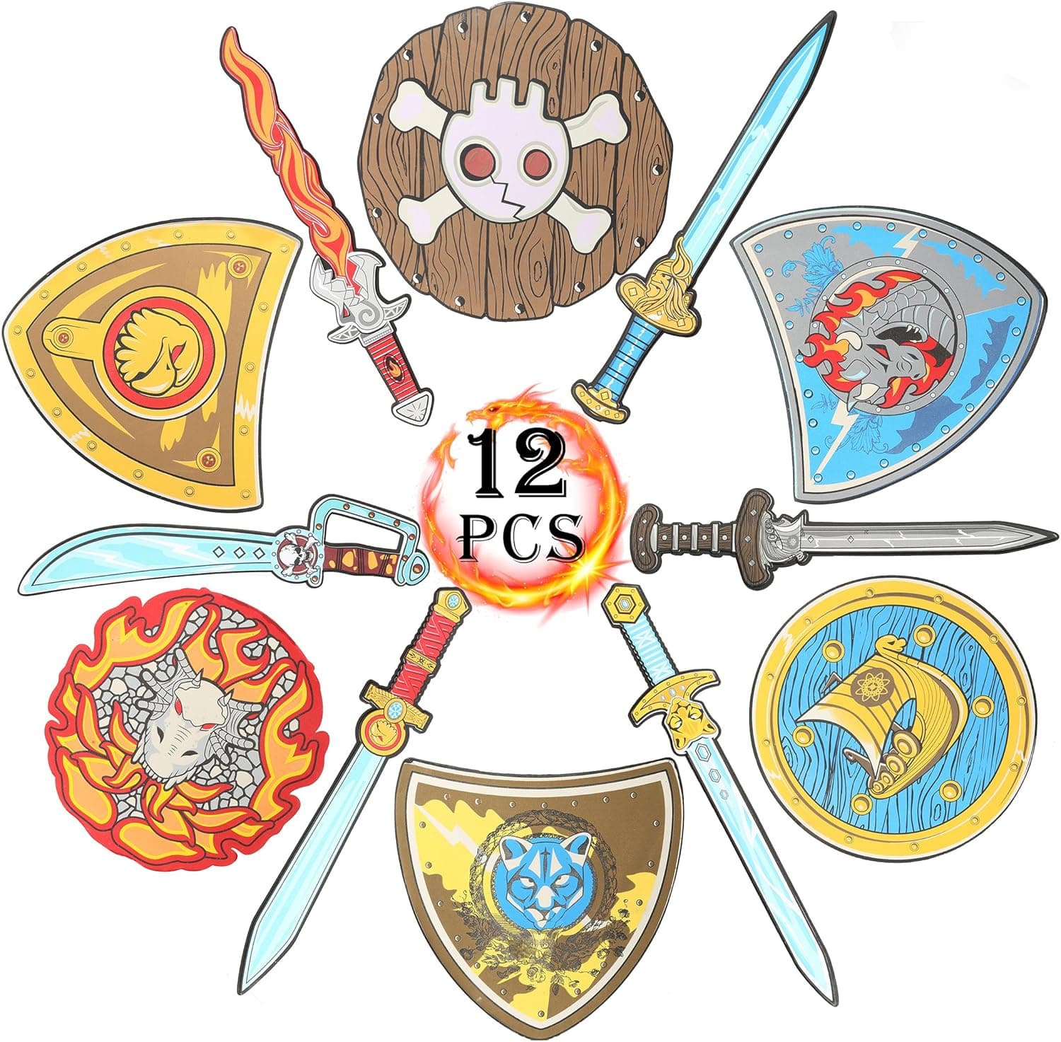 Rainbow yuango 12PCS 17" Assorted EVA Foam Swords and Shields Playset Warrior Weapons Toy Pretend Play Set for Kids Including Pirate, Dragon, Warrior, Viking