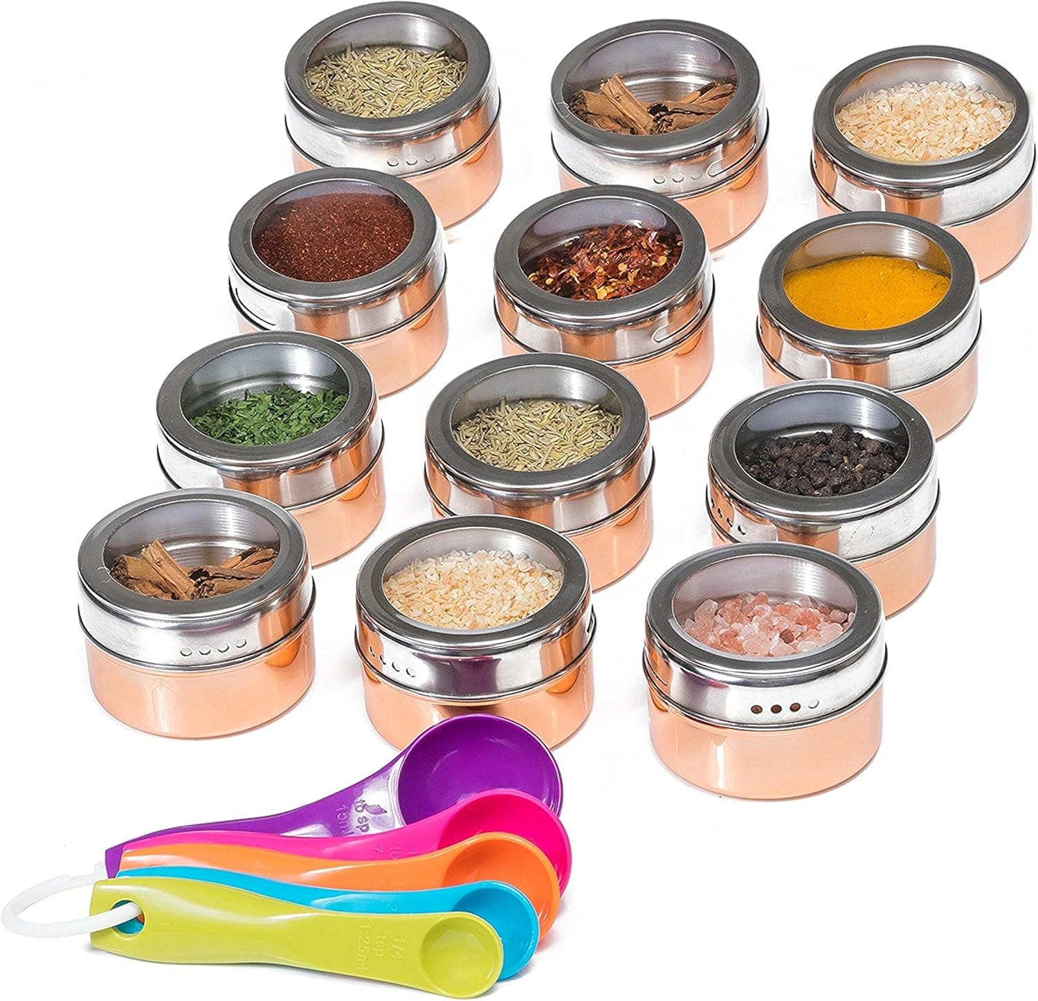 Nellam Spice Magnetic Storage Jars for Spices - 12pcs Stainless Steel and Copper - Bronze Gold Colored Kitchen Containers with Clear Top - Organizer Tins Kit include a Measuring Spoon Set