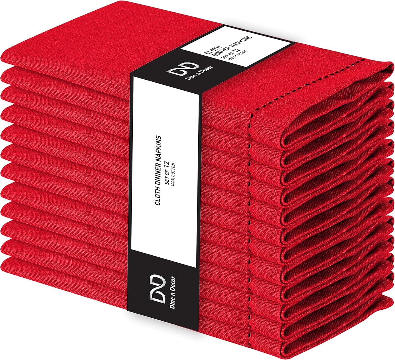 Dine n Decor Set of 12 Hemstitch Cloth Dinner Napkins 100% Cotton - Soft Durable Washable - Ideal for Events Weddings Holidays - Perfect Everyday Use Table Linen Cloth Napkins 18x18 Red