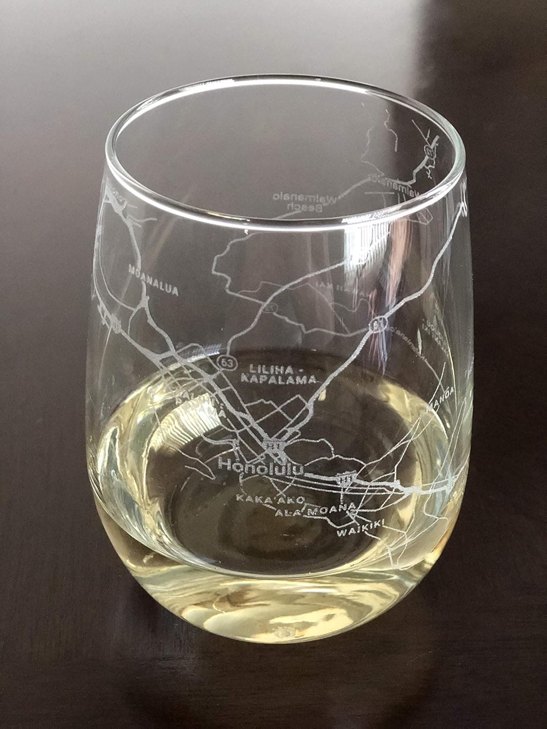 Stemless 17oz Wine Glass Urban City Map Honolulu Hawaii