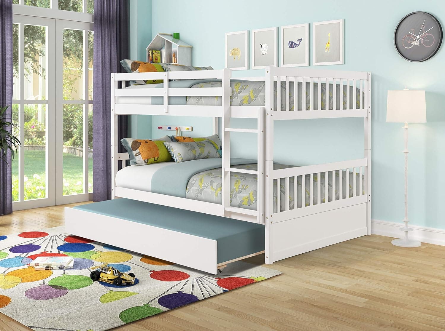 Awlstar Full Over Full Wood Bunk Bed with Twin Size Trundle, Ladder, Full-Length Safety Guard Rail, Convertible to Separate 2 Beds (White)