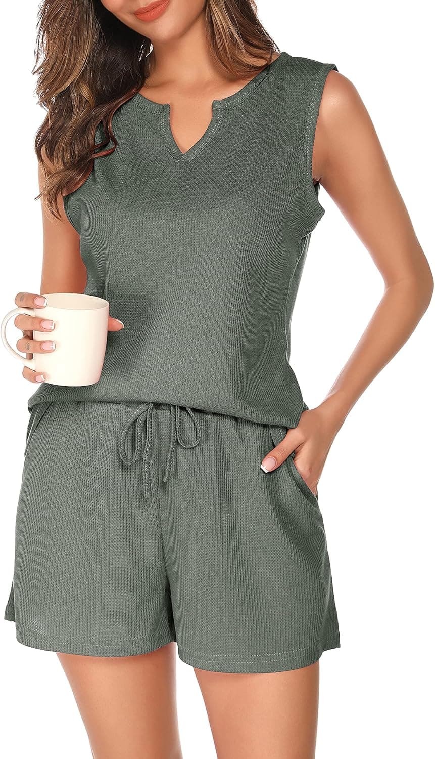 Vlazom Women's Pajama Sets Sleepwear V-Neck PJ Set Lingerie 2 Piece Sleeveless Top Shorts Set Nightwear S -XXL