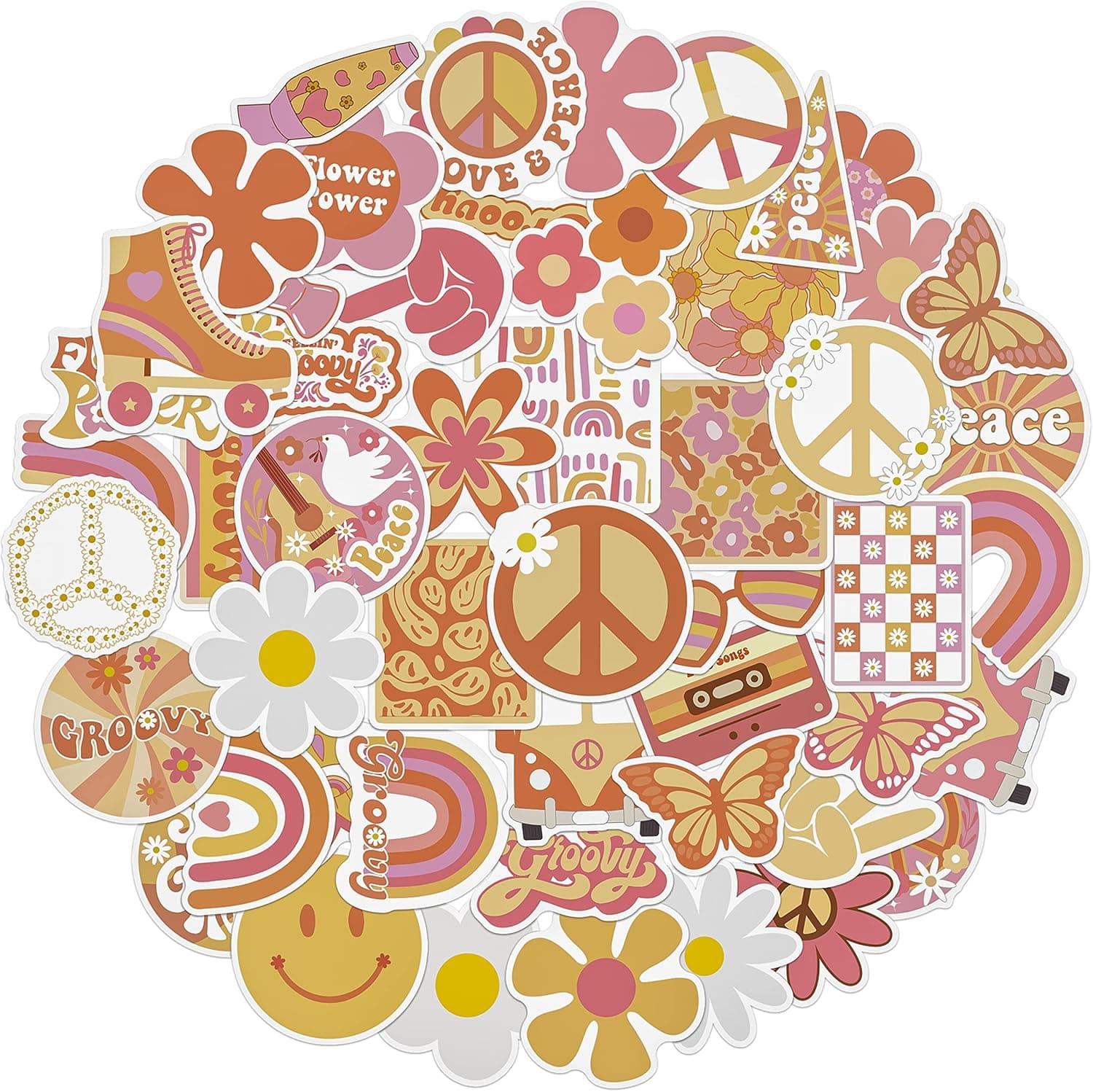 A1diee 51Pcs Groovy Boho Hippie Vinyl Stickers Rainbow Daisy Butterfly Pace Theme Self Adhesive Stickers 60s Hippie Party Decor Supplies Aesthetic Stickers for Kids Adults Water Bottle Laptop Phone