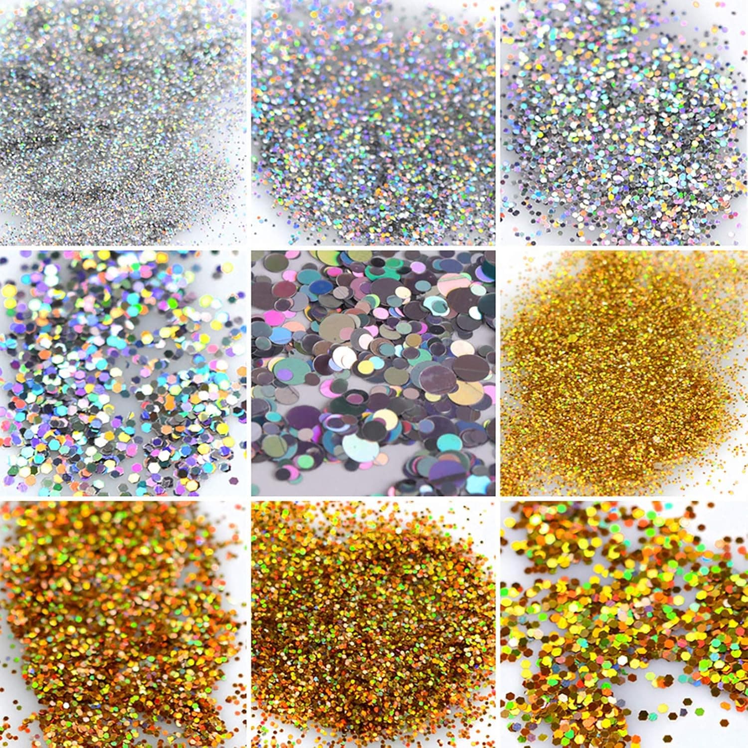 Falliny 12 Shape Gold and Silver Nail Glitter Sequins, 3D Thin Laser Nail Art Flake Acrylic Paillettes, Holographic Nail Sparkle Glitter for Nail Art Decoration