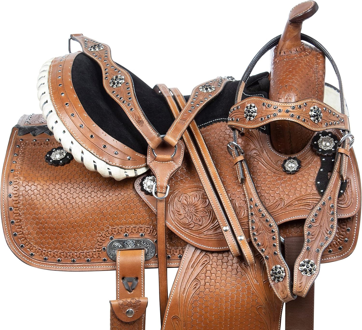 Acerugs Tooled COMFROTABLE Western Pleasure Trail Horse Leather Saddle TACK Bridle Breast Collar 14 15 16 17