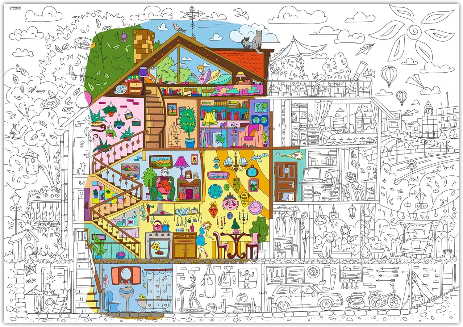 Big giant coloring poster сolorings for children And who is at home? Coloring pages for kids and adults. Color me posters for family XXL Size (33.08 х 46.5 in)