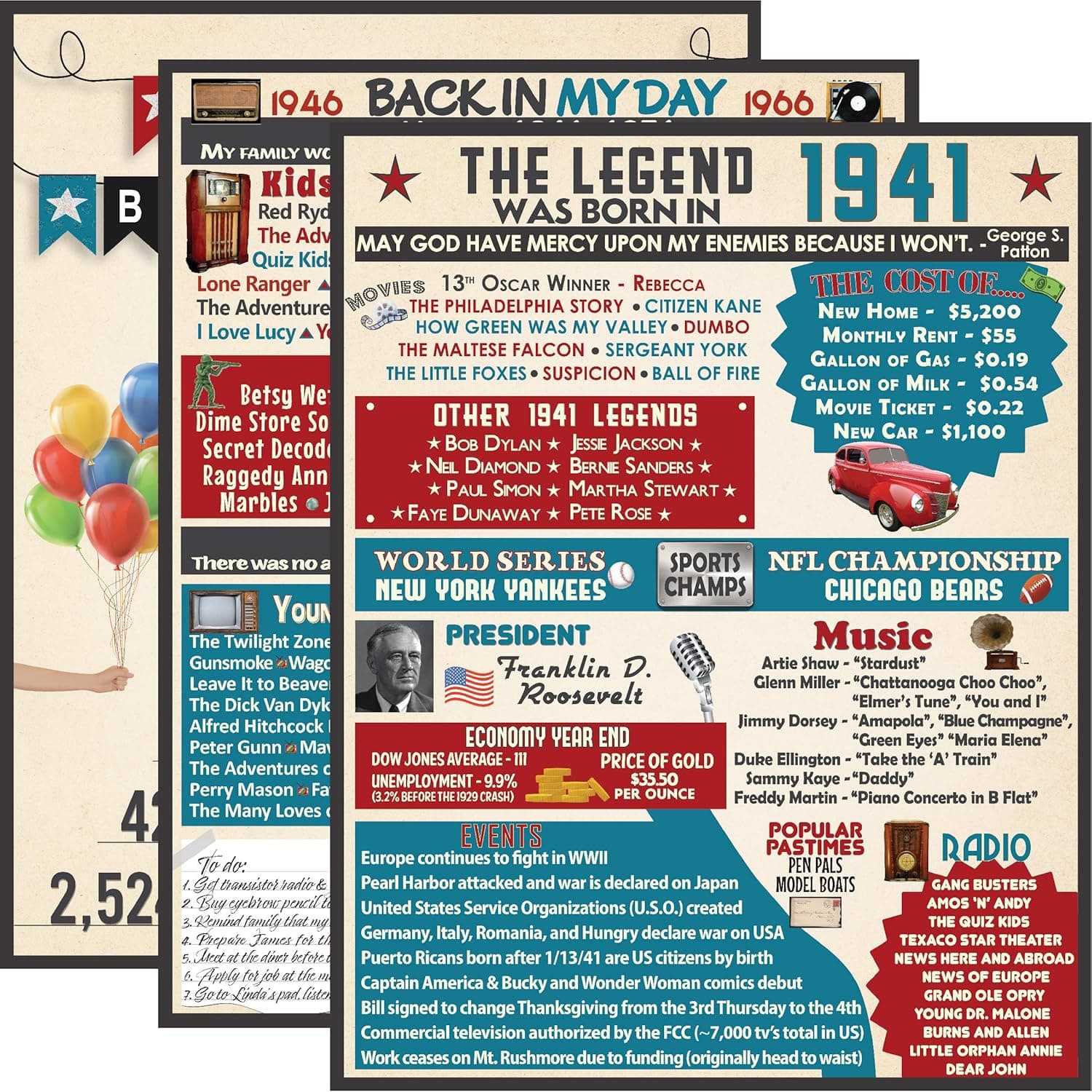 VAPARA DESIGNS 80th Birthday Decorations - 3 Pack of Fun, Artistic 11x14" Birthday Posters - 80th Birthday Gifts for Women and Men - 1941 Birthday posters