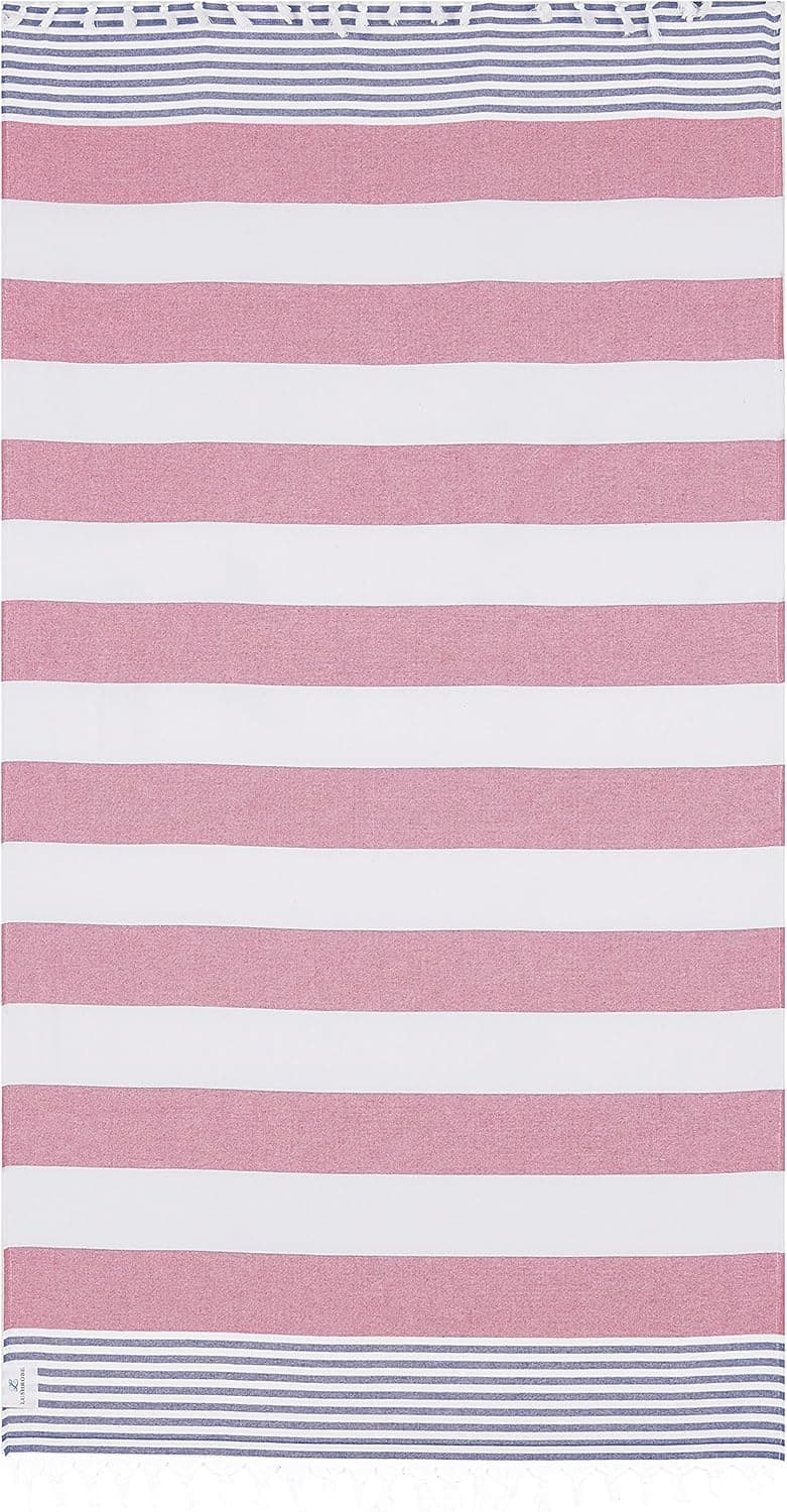 Lushrobe Terry Beach Cotton Towel - Lightweight and Large Peshtemal with Tassels for Bath Pool Travel Unisex - 68" L x 37" W (Denim/Hot Pink)