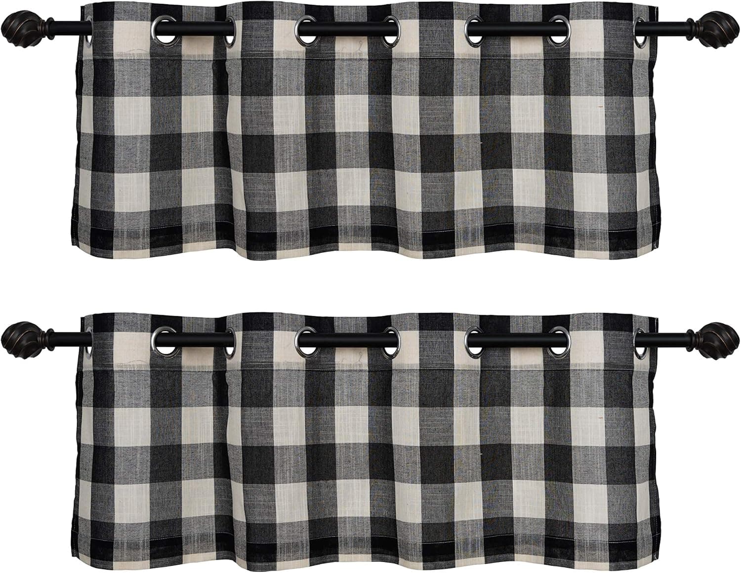Creativesfun 2 Pcs Checks Line Up Set Farmhouse Faux Linen Look Buffalo Plaid Grommet WindowValance (Black & Cream, Valance 丨W53 X L18-INCH 2PCS)