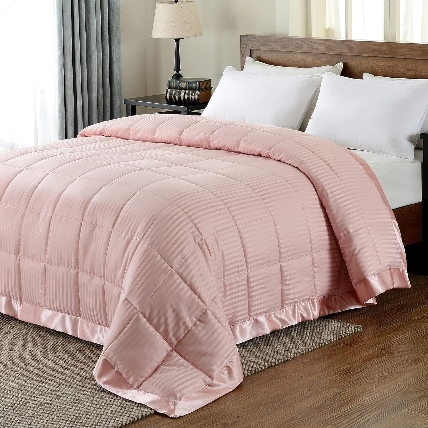 downluxe Lightweight Queen Down Alternative Blanket with Satin Trim, Baby Pink, 90 X 90 Inch