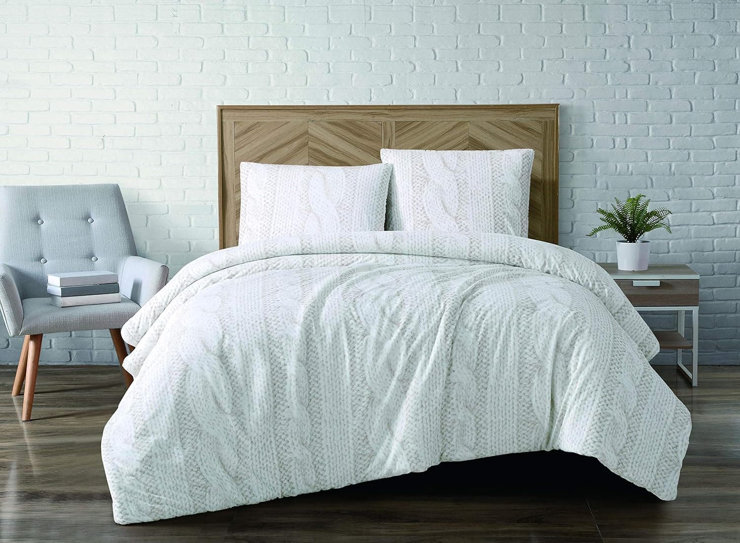 Brooklyn Loom Duvet Cover Set Velvet Cable Knit Sherpa Reverse, Full/Queen, Ivory