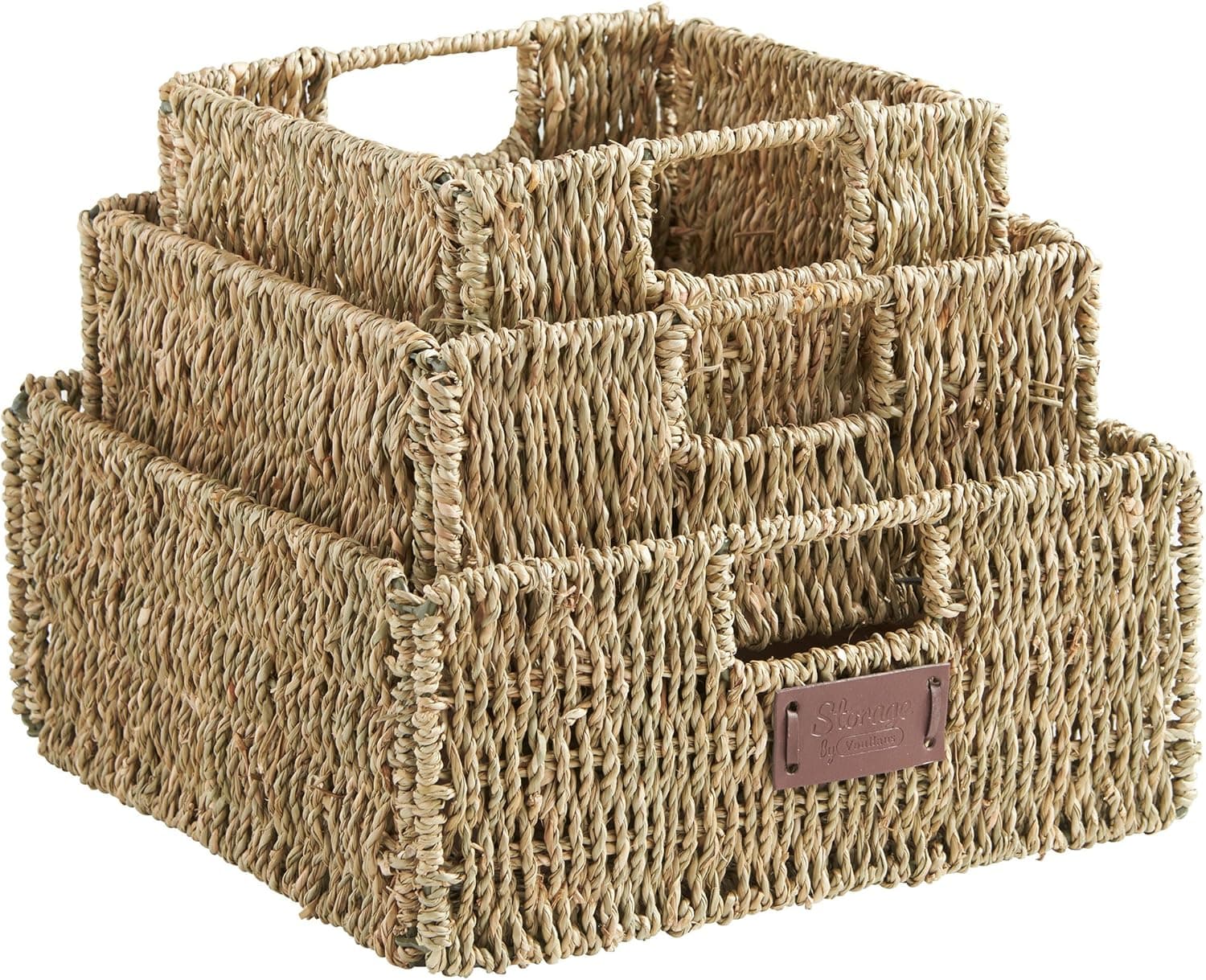 VonHaus Set of 3 Square Seagrass Storage Baskets with Insert Handles Ideal for Bathroom and Home Organization ,Brown ,Set of 3 Seagrass