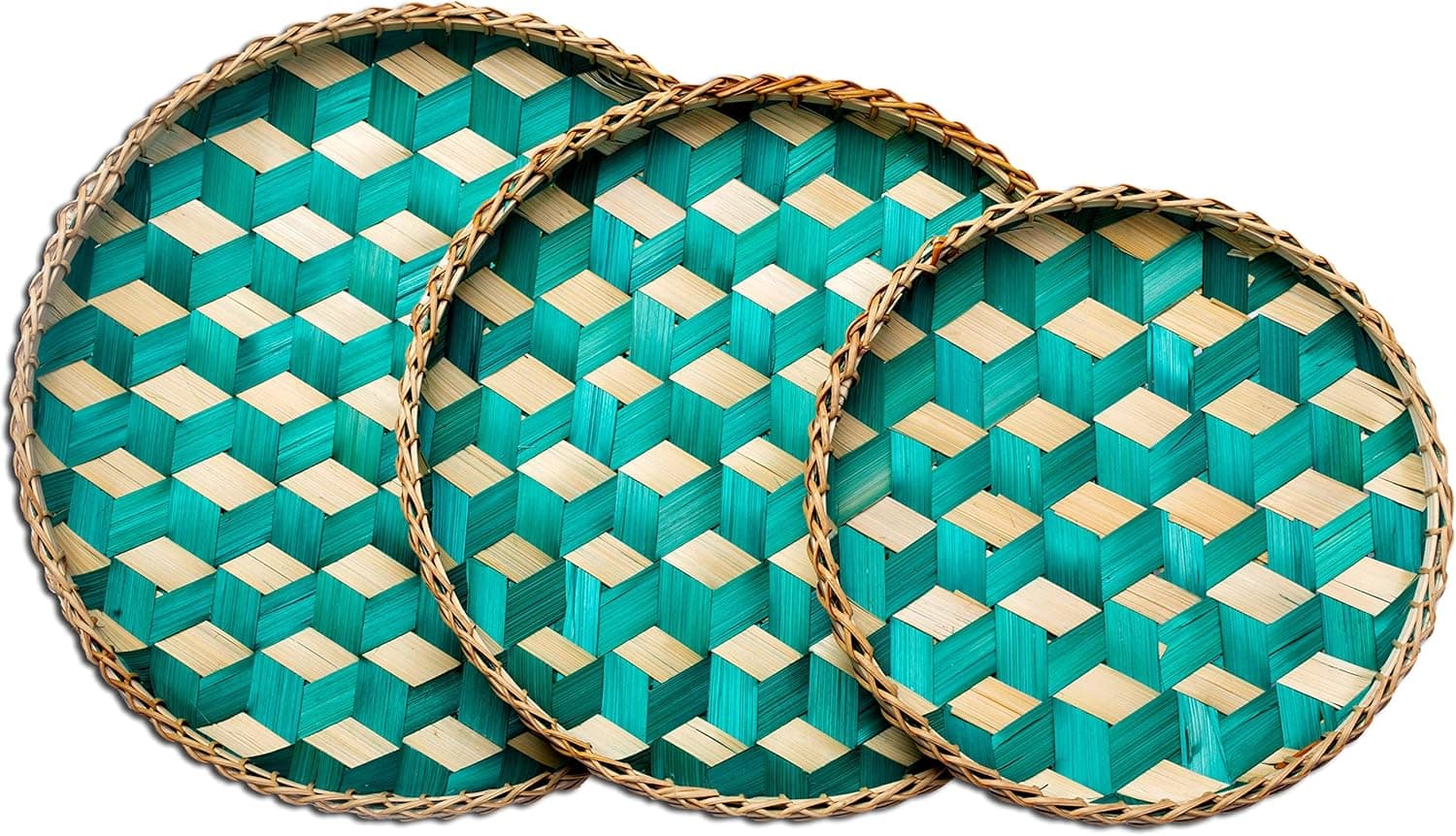 Home Decorative Baskets Shallow Bamboo Trays Natural Fiber Handmade Flat Wall Baskets Shallow Bamboo Tray (Turquoise Block)