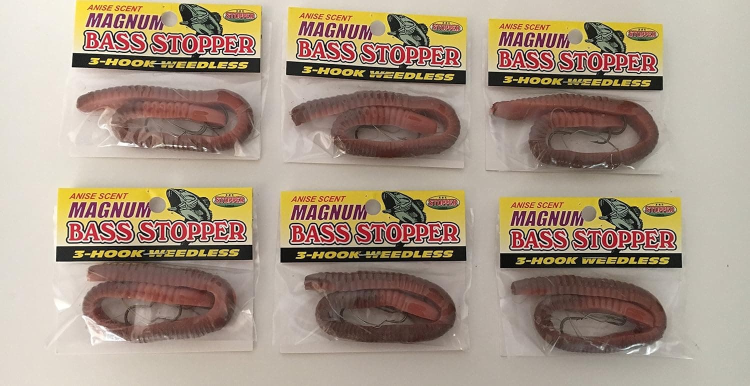 Magnum Bass Stopper Natural weedless bass Fishing Worms 6 Pack Bundle K&E