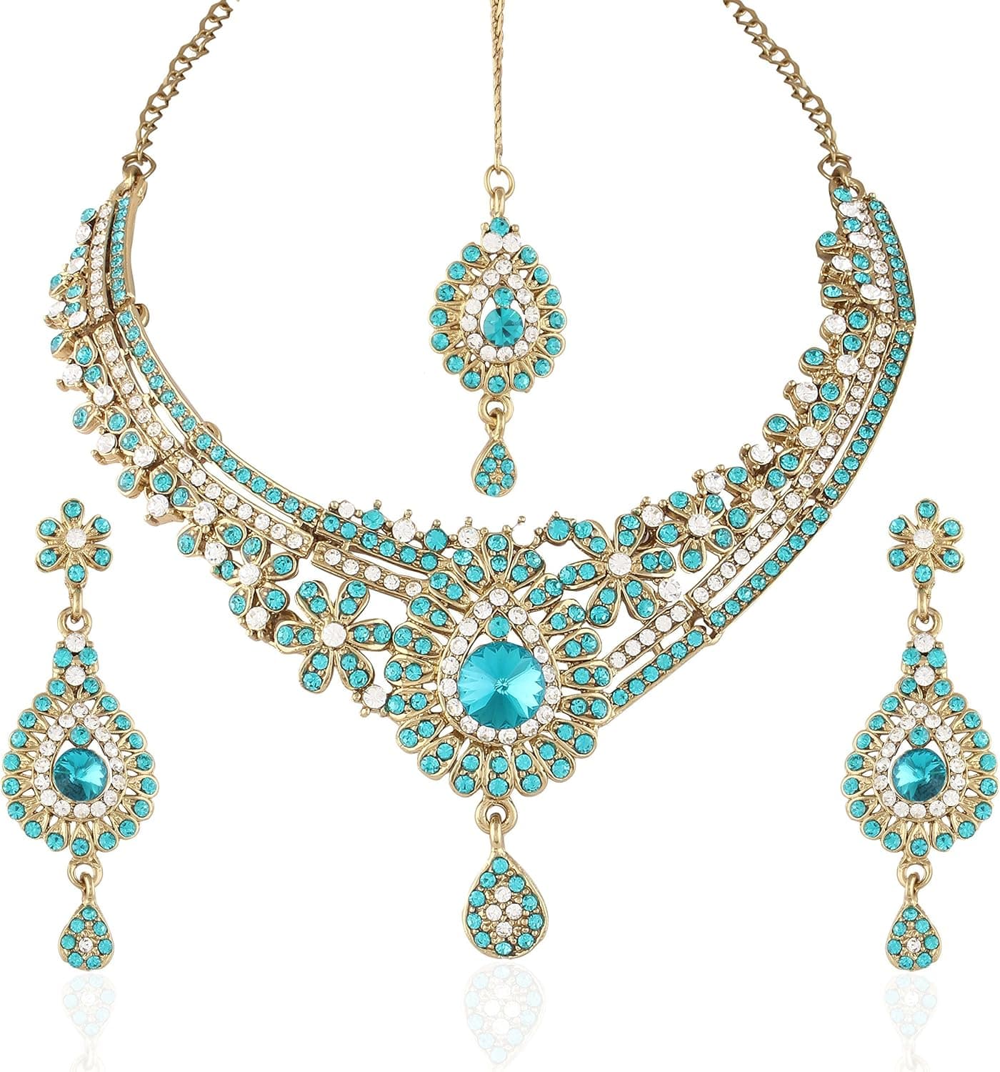 I Jewels Women's Traditional Gold Plated Stone Necklace Set With Maang Tikka Blue