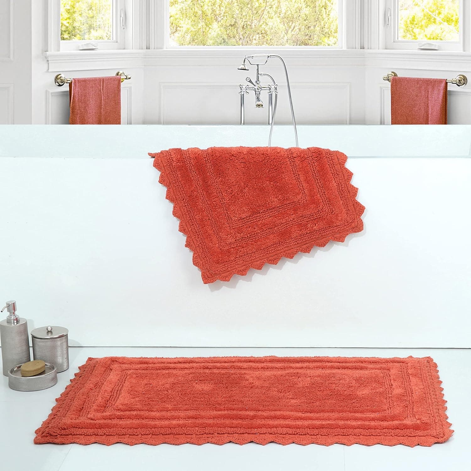 RICH&PRIDE Bathroom Rugs Sets 2 Piece - Luxury Thick Reversible Cotton Bath Mat Ultra Soft Plush Bathroom Rug - Water Absorbent Non-Slip Bathroom Floor Mats (Rust-Rectangle - 17x24/17x24)