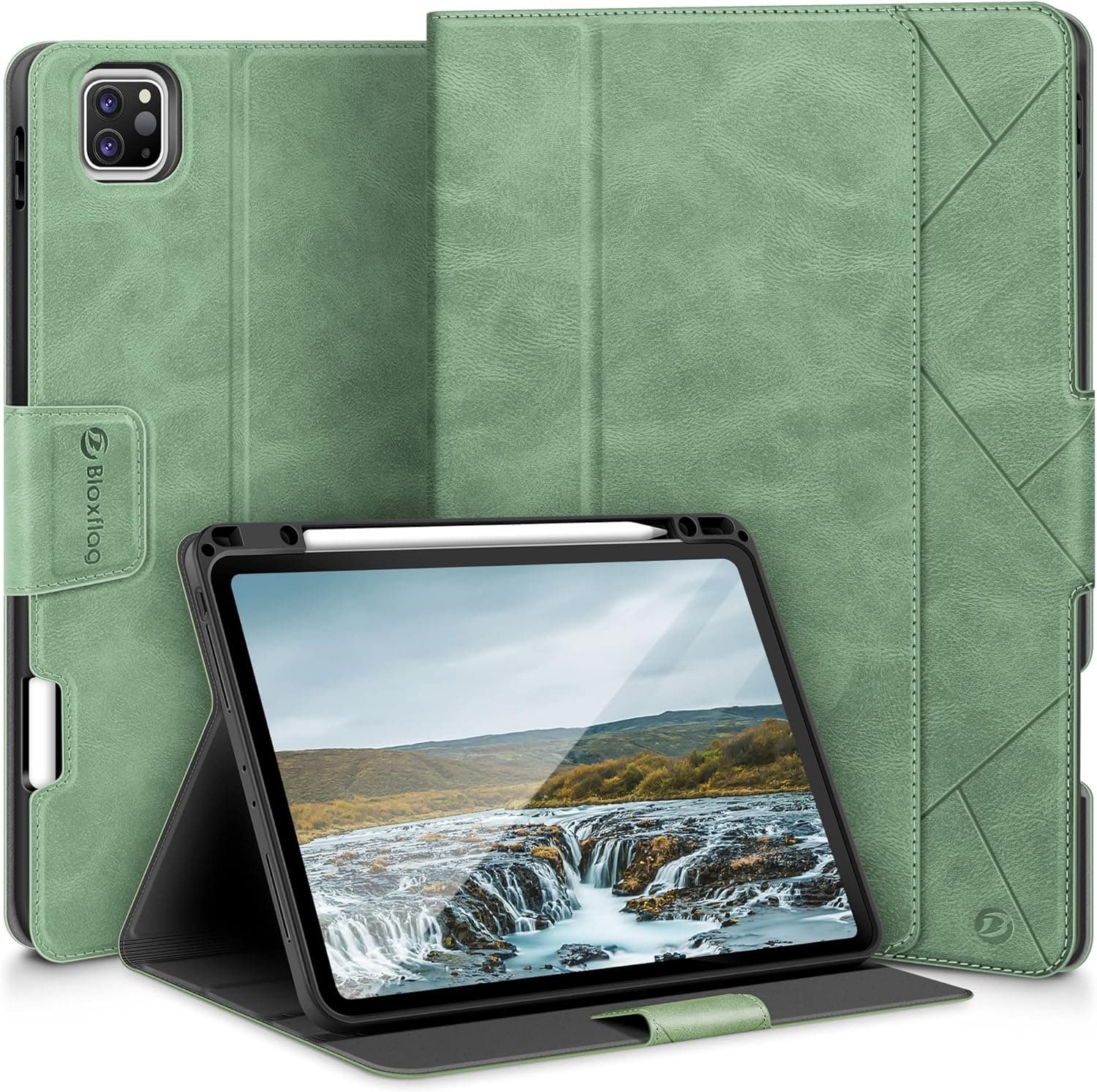 BloxFlag iPad Pro 12.9 Case 6th/5th/4th/3rd Generation with Card Pocket/Pencil Holder/Typing Angle Auto Sleep/Wake iPad Pro 12.9 2022/2021/2020/2018 Vegan Leather Cover (Green)