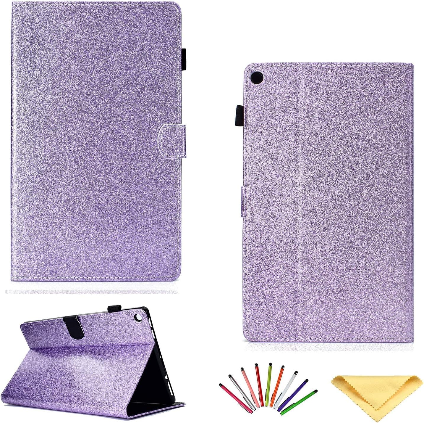Uliking Fire HD 10 Case 9th/7th/5th Generation with Pencil Holder, Durable Shockproof PU Leather Stand Smart [Auto Sleep/Wake] Cover for Amazon Kindle Fire 10.1" 2019/2017/2015 Tablet, Glitter Purple