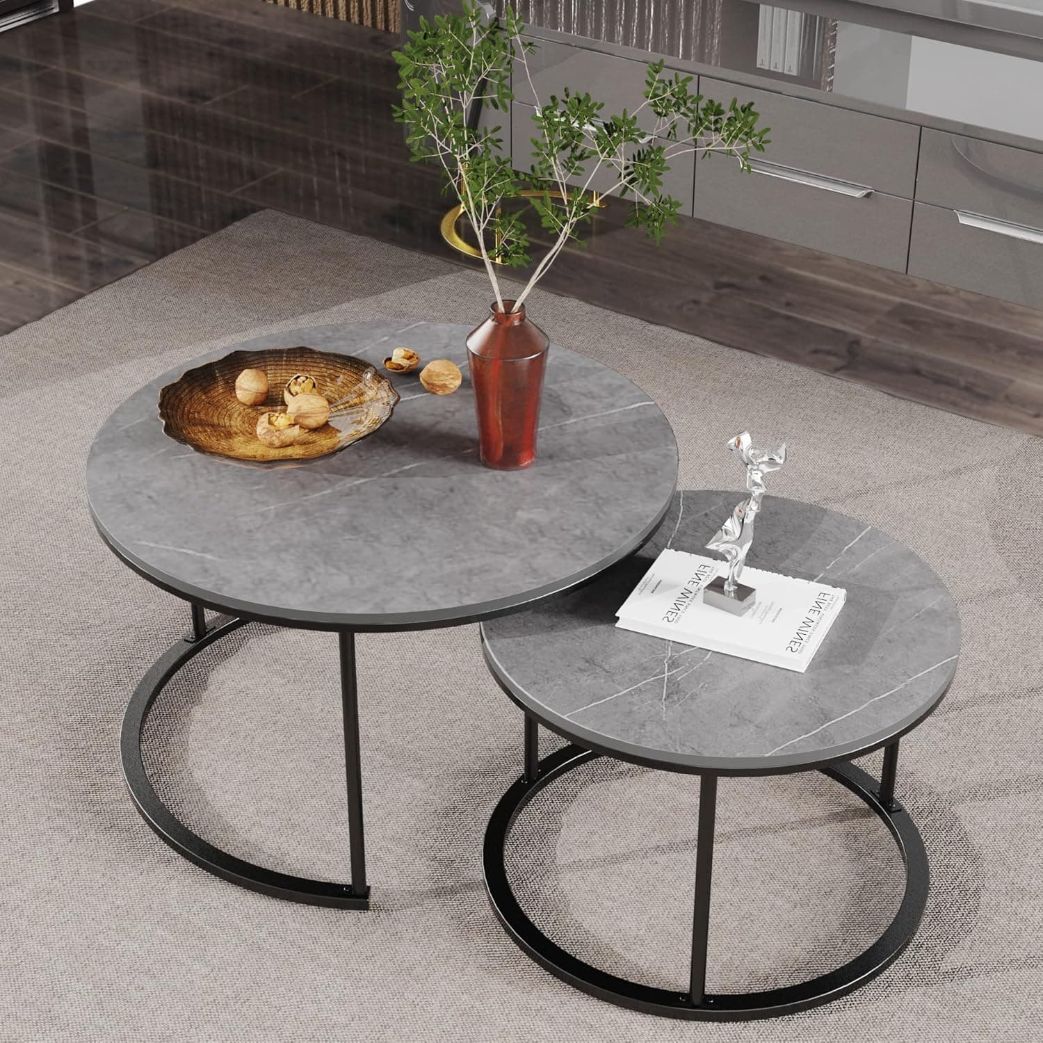 Wisfor Nesting Coffee Table Set of 2, Marble Round Stacking Nesting Coffee Table for Living Room with Sintered Stone Tabletop