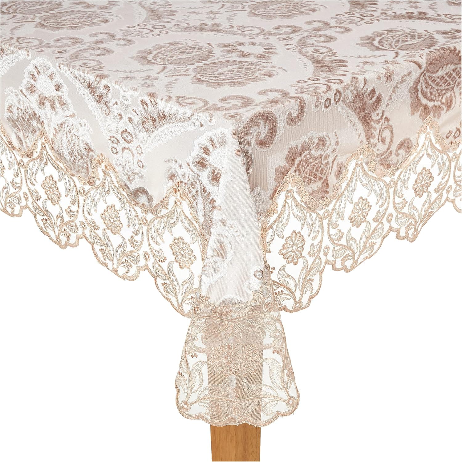 Elegant Velvet Lace Sheer Floral Deluxe Design Tablecloths - Taupe, 70" x 120"