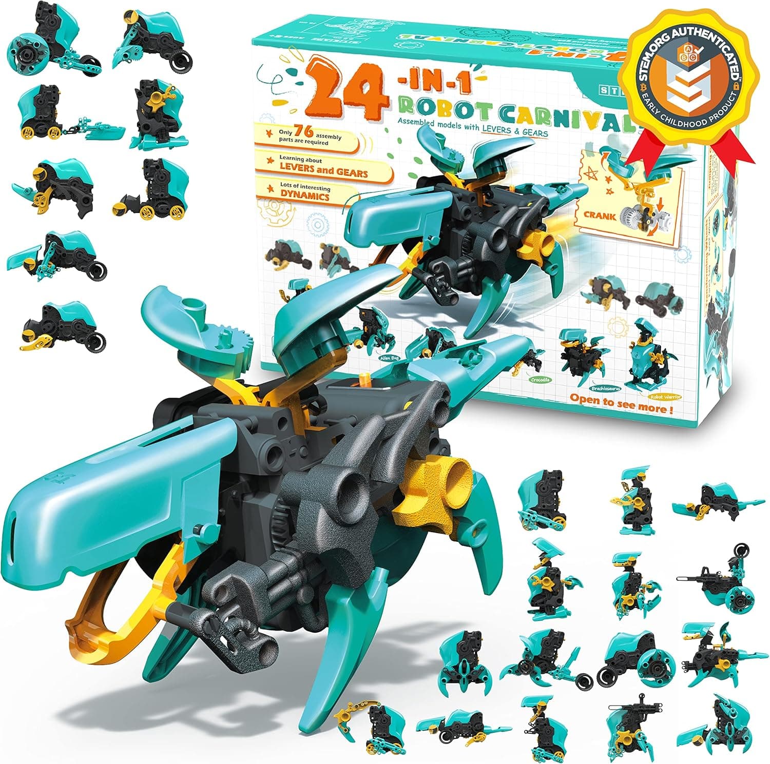 T-SPACE STEM 24-in-1 Robot Carnival Toy Gift, Transforming Wheel and Jumping Gecko, STEAM Educational Building Science 76 Pcs DIY Kit for Boy Girl Kids 8 9 10 11 12 for Christmas by levers and Gears