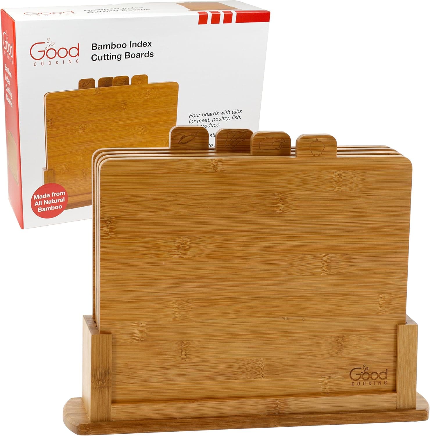 Bamboo Cutting Boards - Four All Natural Index Chopping Board Set with Non-Slip Base