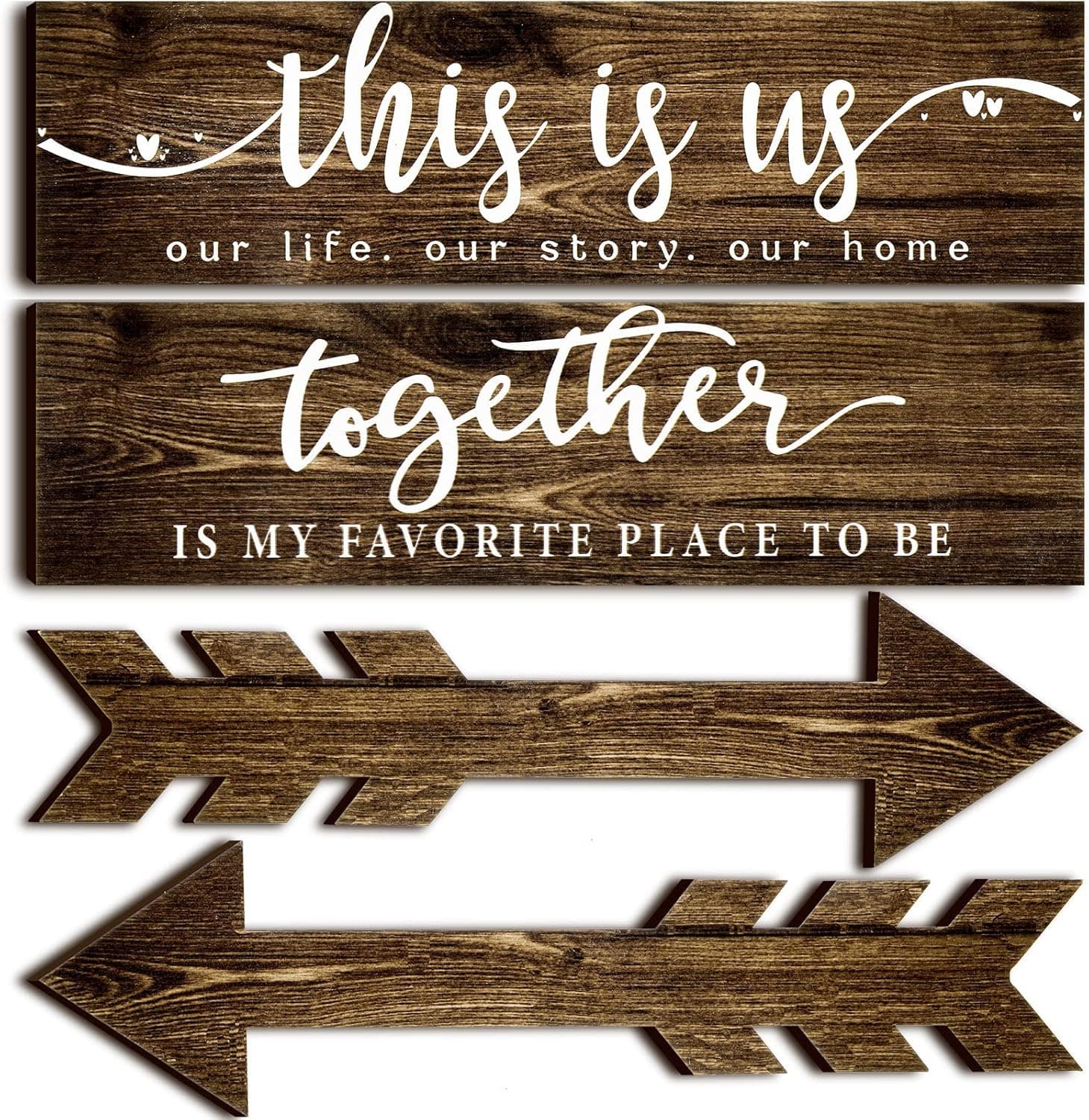 4 Pieces This Is Us Our Life Our Story Wood Signs Rustic Wood Together Signs Home Wooden Wall Decor Sign Wooden Arrow Hanging Signs Art for Farmhouse Entryway Living Room, 15 x 4 x 0.2 Inch (Brown)