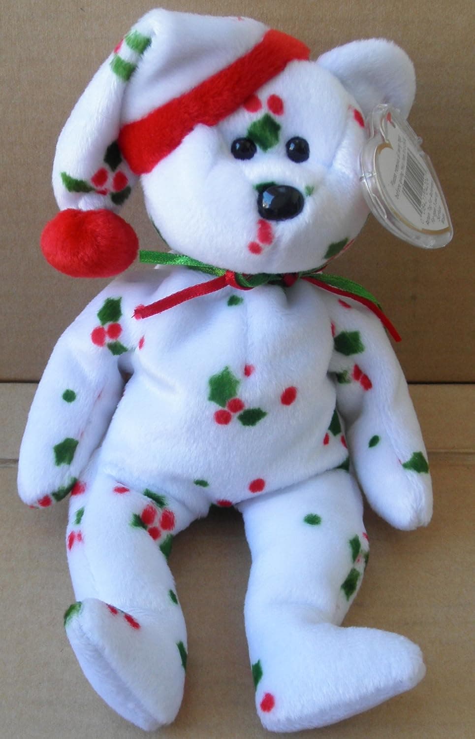 TY Beanie Babies 1998 Holiday Teddy Bear Stuffed Animal Plush Toy - 8 1/2 inches tall - White with Holly Leaf Design and Santa Hat