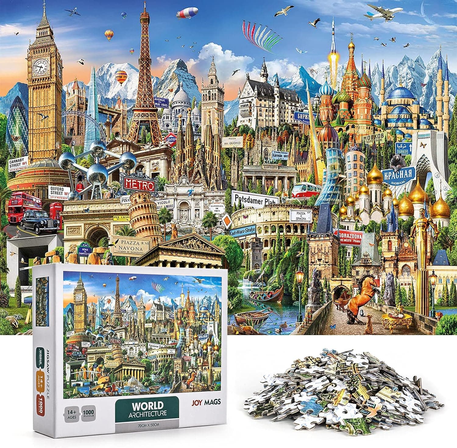 JOY MAGS 1000 Piece World Landmarks Paper Jigsaw Puzzle for Kids Adult, Illustrated Art with Scene from World Famous Landmark